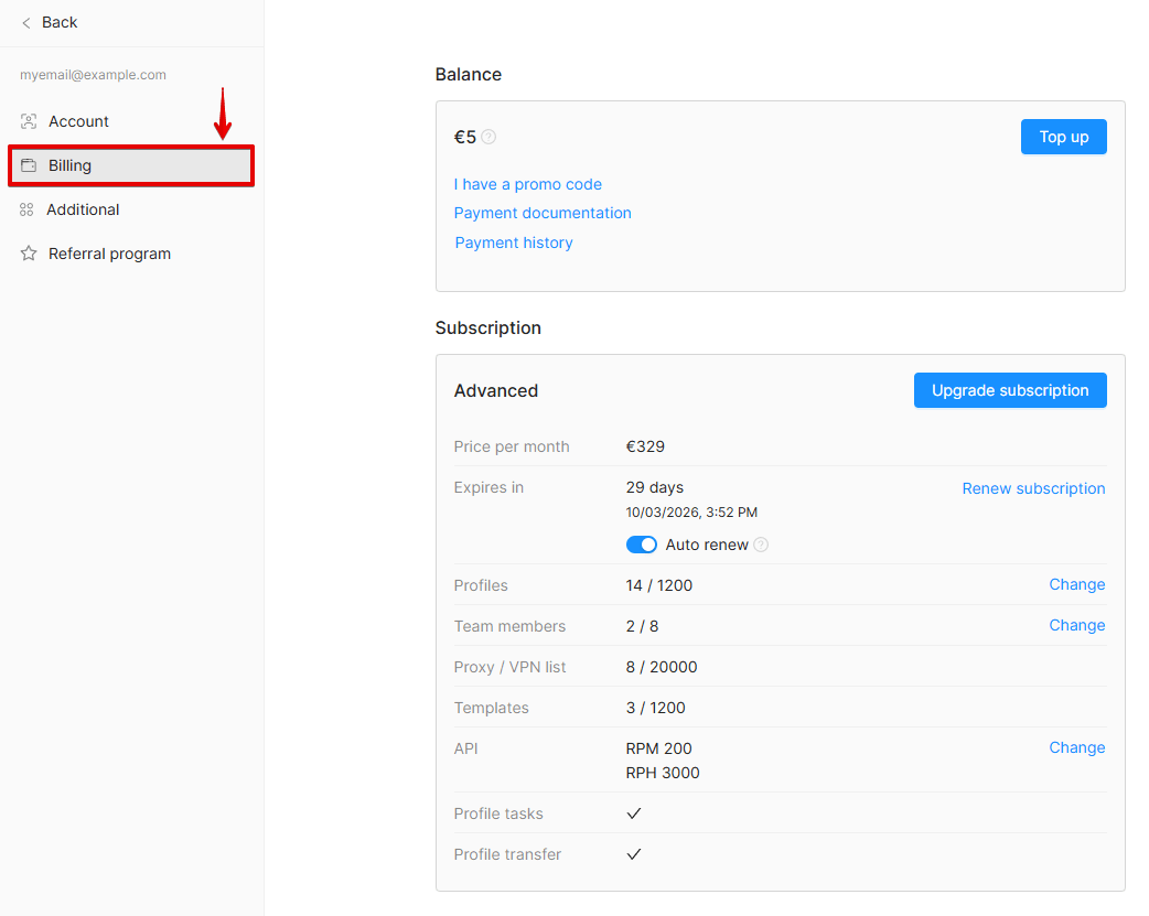 Subscription and payment settings