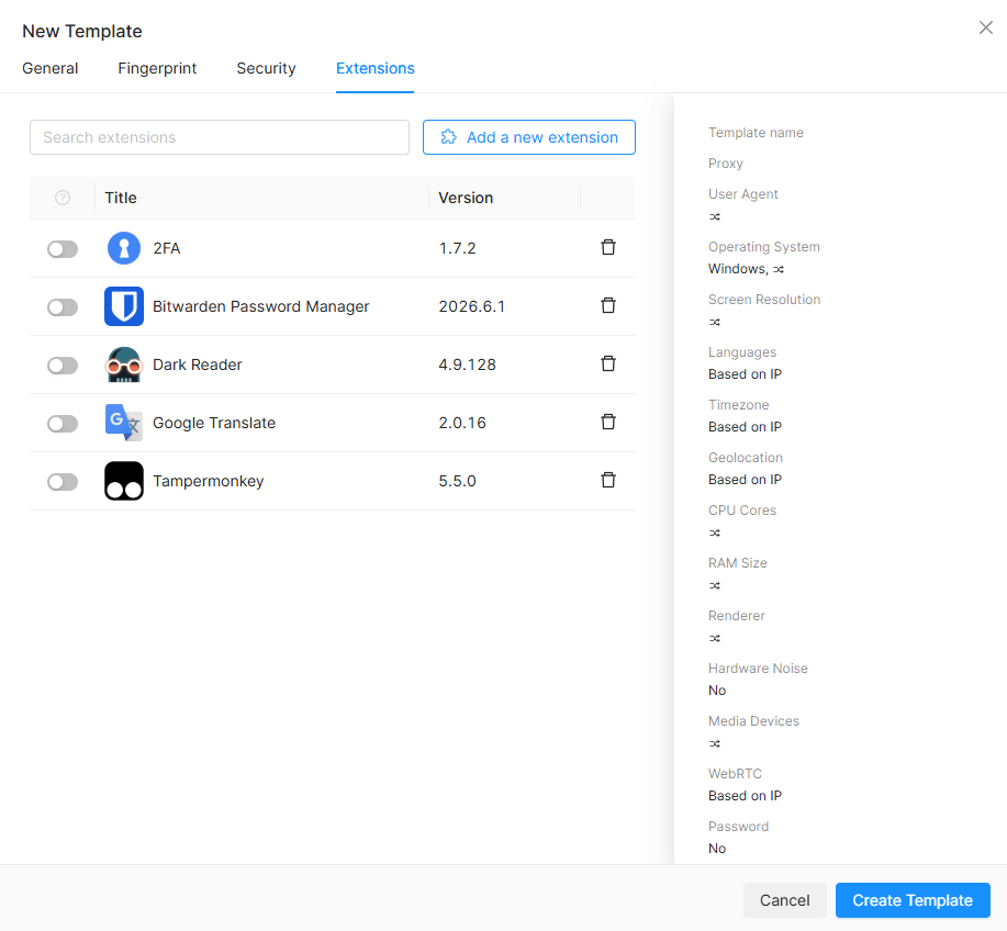 Extensions Template Settings